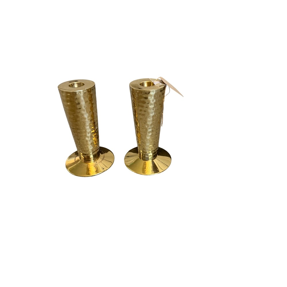 Hammered Gold Taper Candle Holders Set of 2 Modern Brass Finish Candlesticks